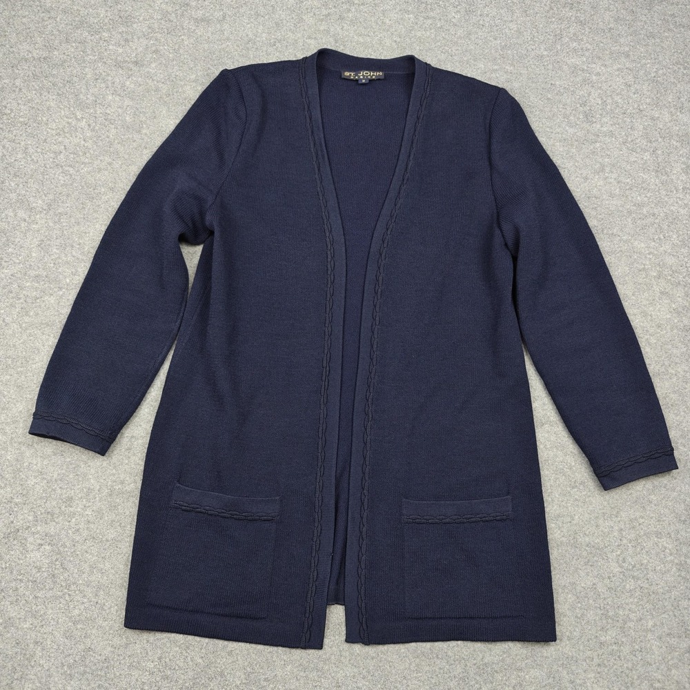 St.‎ John Basics Cardigan Womens M Blue Knit Open Front Longline Sweater Pockets